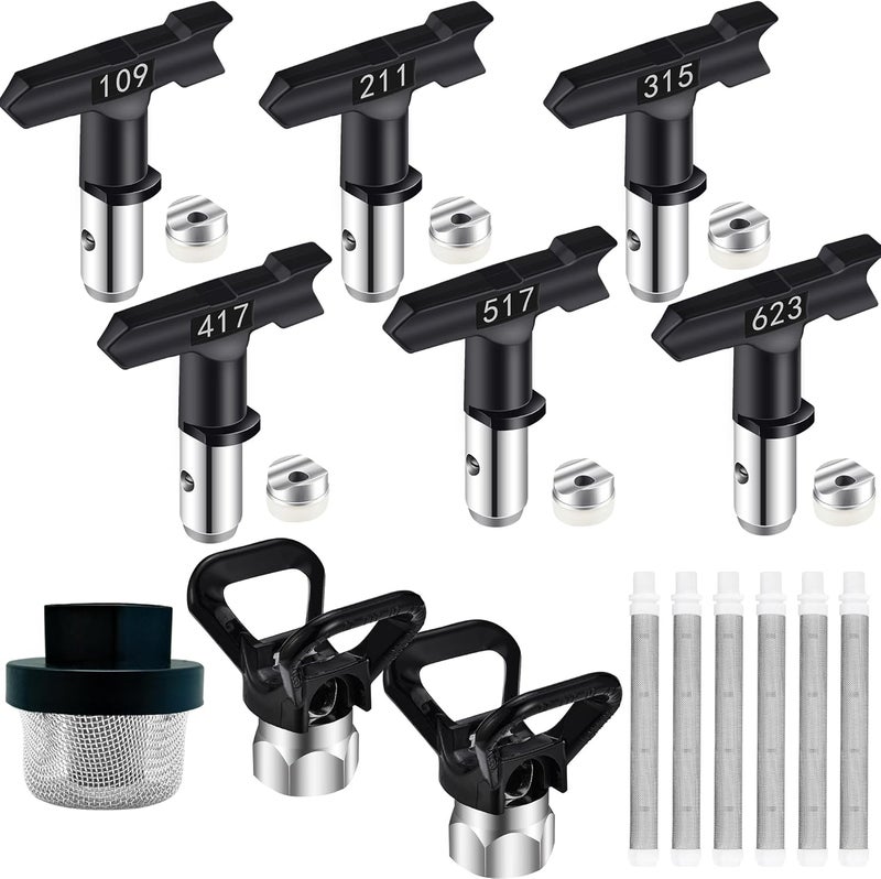 Taefaba 15 Pieces Airless Paint Sprayer Tips Set, 6 Reversible Spray Nozzle Tips, 6 Airless Paint Spray Gun Filter,1 Inlet Strainer and 2Pcs Nozzle Tip Guards for Spraying Machine Parts - Image 1